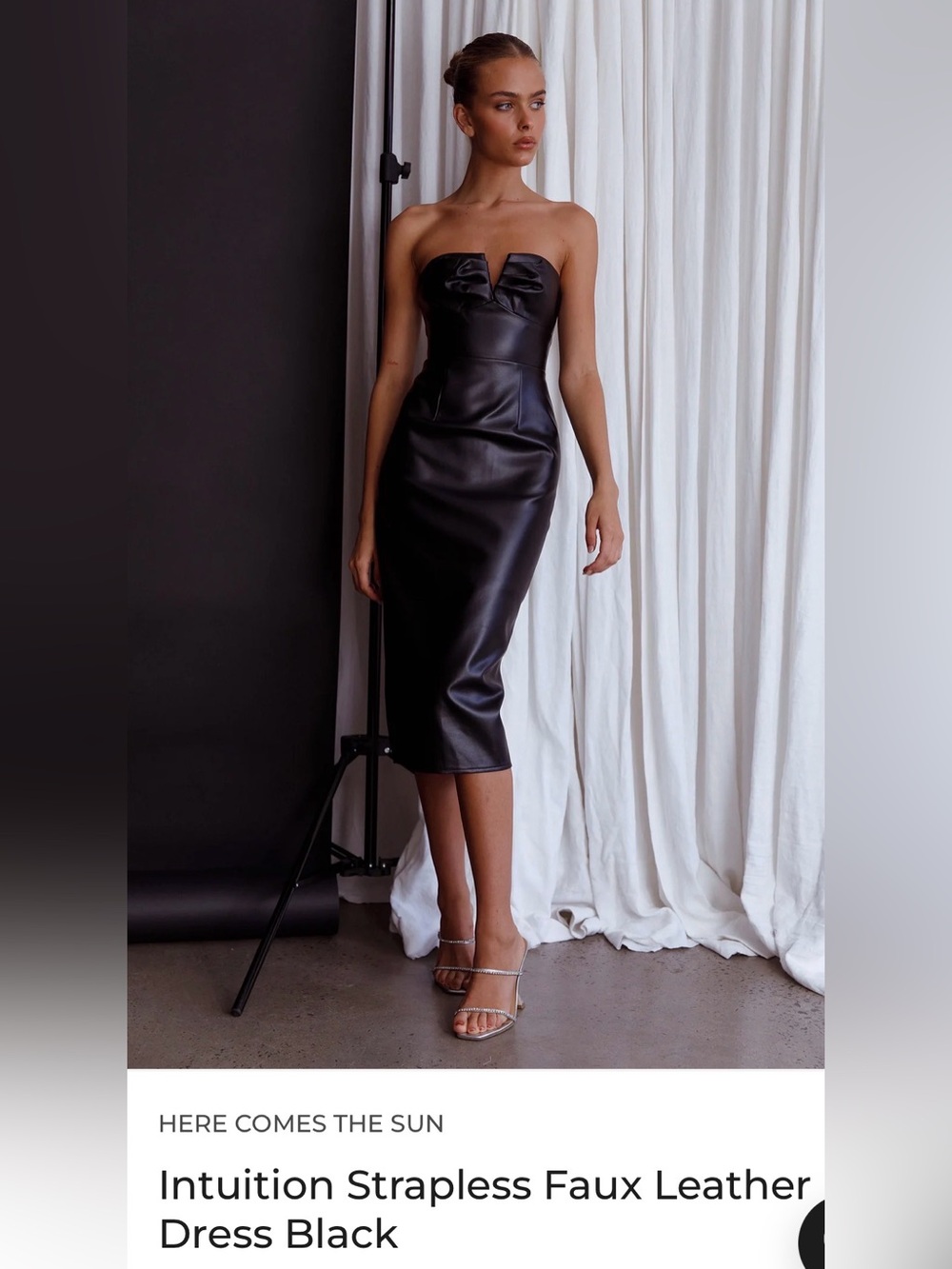 Intuition Strapless Faux Leather Midi Dress - Black